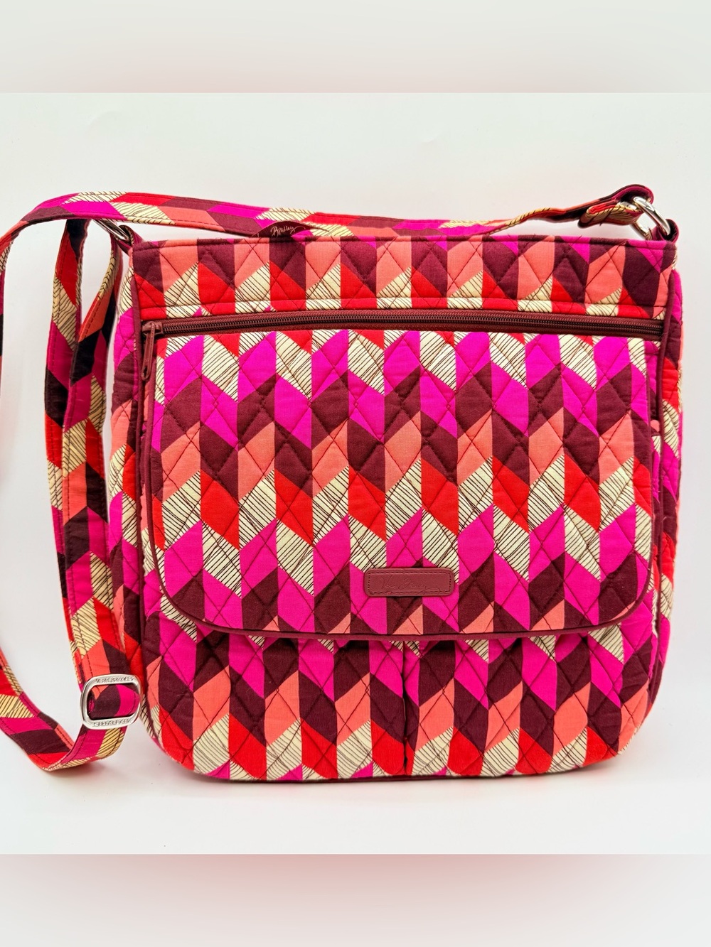 Vera Bradley Double Zip Mailbag Bohemian Chevron Pink Quilted Crossbody  Bag